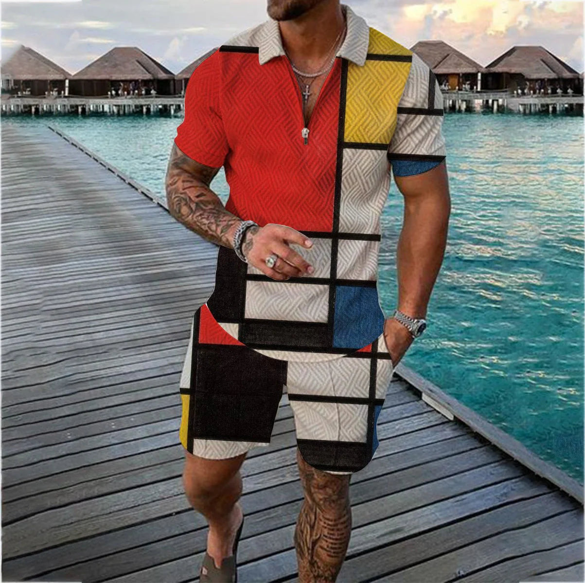 Men's casual contrast polo zip lapel shirt with shorts set in various colours