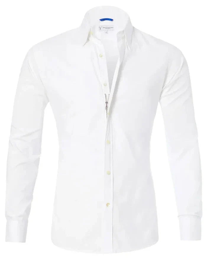 Long sleeve zip-up shirt with button and lapel details in a variety of colors