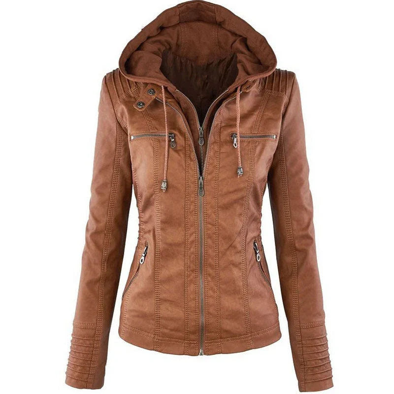 Versatile hooded leather jacket with spacious pockets and a sleek, sophisticated design for women
