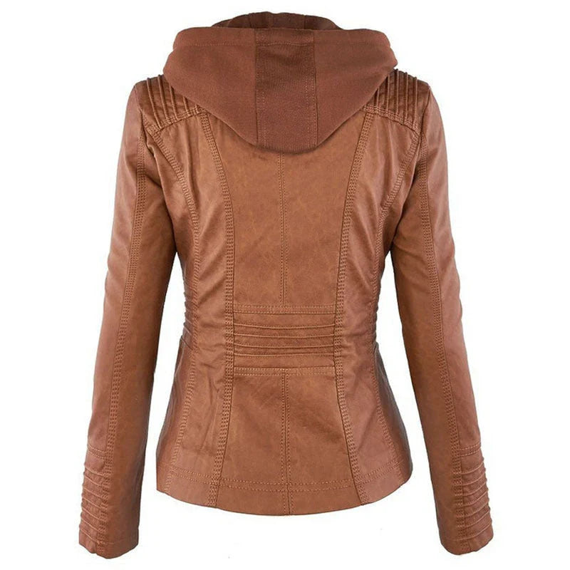 Versatile hooded leather jacket with spacious pockets and a sleek, sophisticated design for women