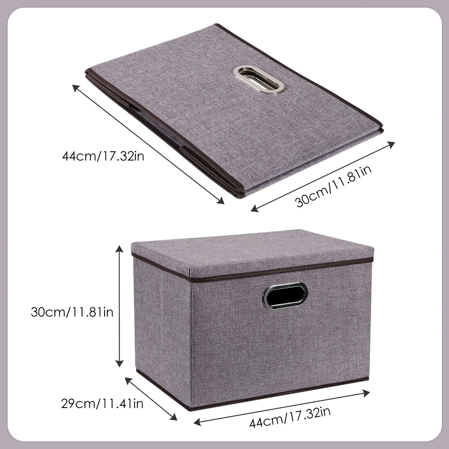 Large folding storage box set in cotton and linen, 44x30x30cm, grey colour