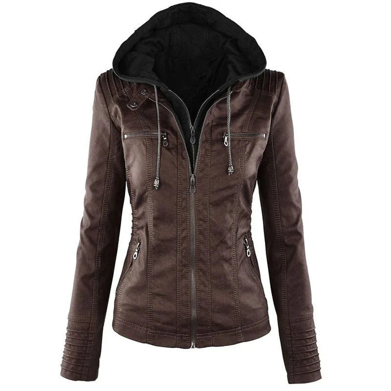 Versatile hooded leather jacket with spacious pockets and a sleek, sophisticated design for women