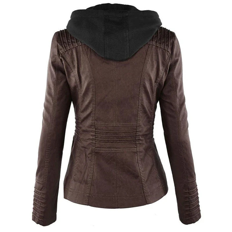 Versatile hooded leather jacket with spacious pockets and a sleek, sophisticated design for women