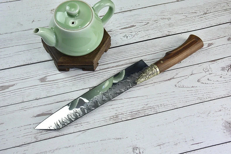 Hand-forged slicing knife with rosewood handle and pure copper guard