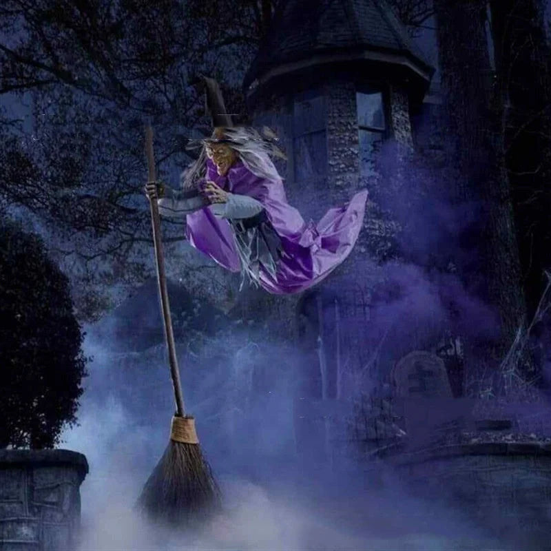 Captivating 6-foot-tall floating witch decoration with lifelike face and dramatic purple skirt, perfect for spooky Halloween displays