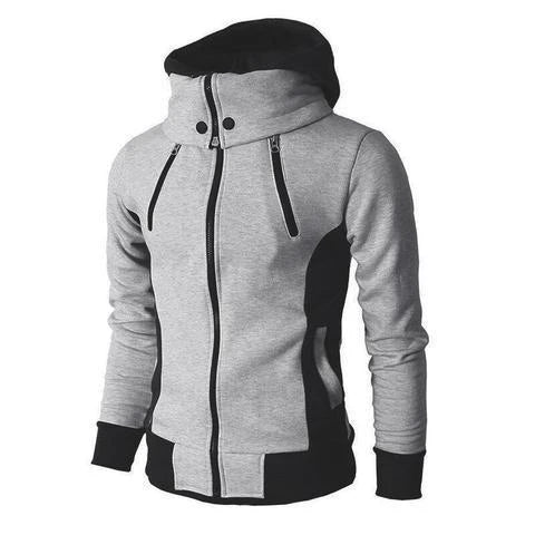 Men's zip-up hooded jacket with touchscreen functionality, available in light grey, white, dark grey, and beige white colors