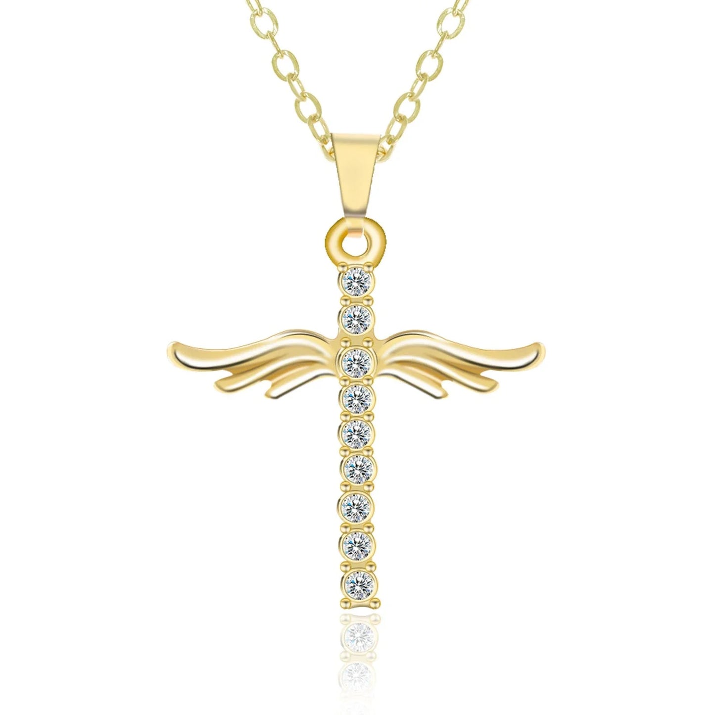 Elegant angel wings cross pendant necklace in silver and gold tones with an adjustable chain
