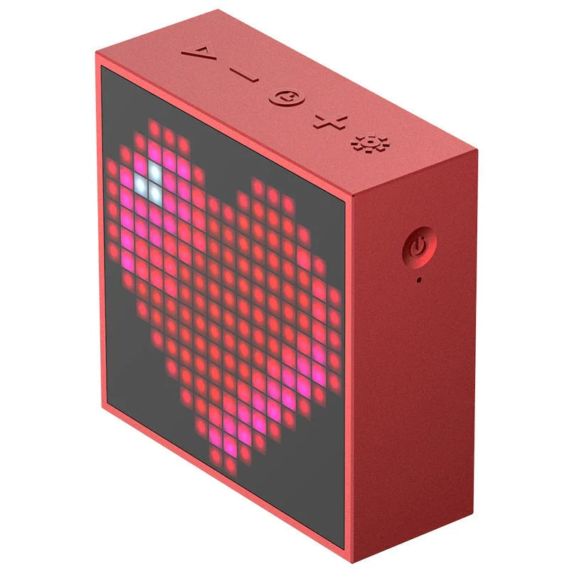 Bluetooth speaker with programmable LED display for pixel art creation, alarm clock, and DJ sound effects