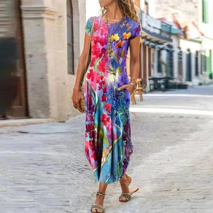 Stylish, printed midi dress with pockets, available in a variety of colours and sizes