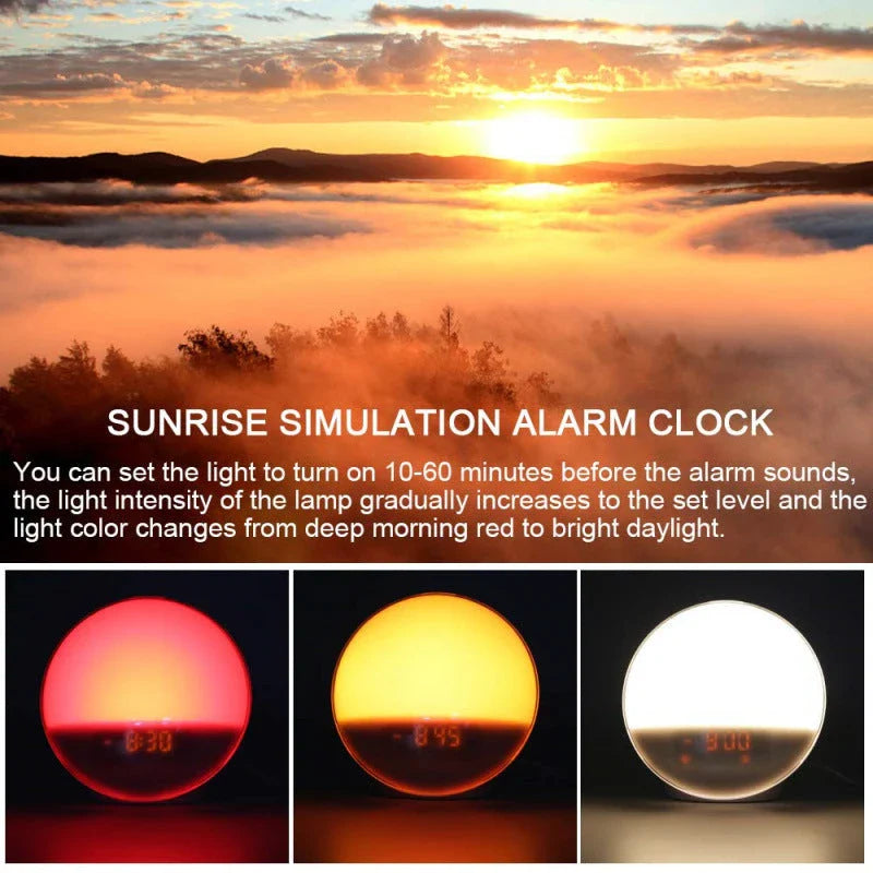 Natural wake-up light alarm clock with soothing nature sounds and customisable ambient lighting