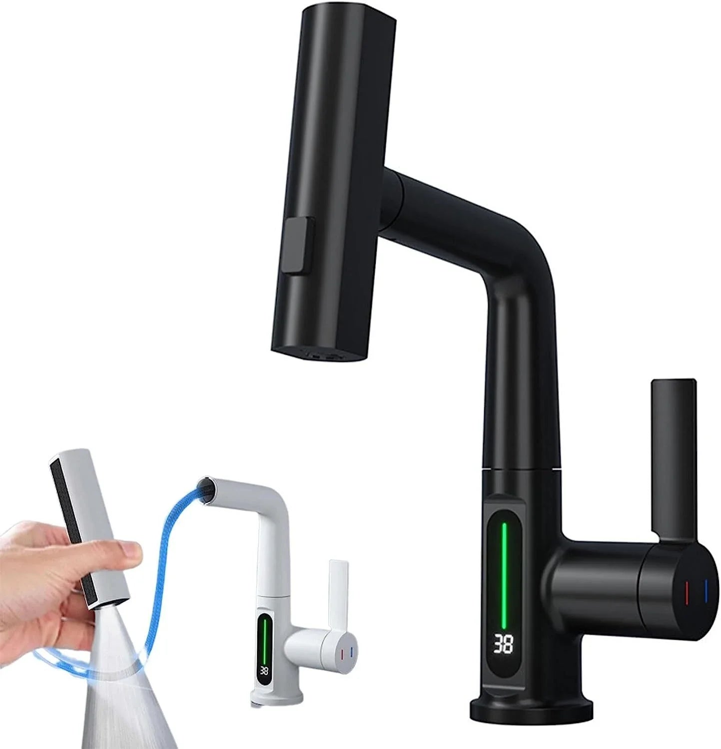 Versatile digital kitchen faucet with temperature display, 360-degree swivel, and pull-out design for enhanced maneuverability and precise water temperature control
