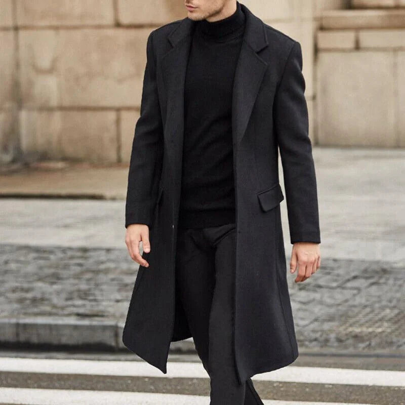 Premium woollen men's trench coat in a range of sophisticated colours, featuring a timeless British design and high-quality construction.