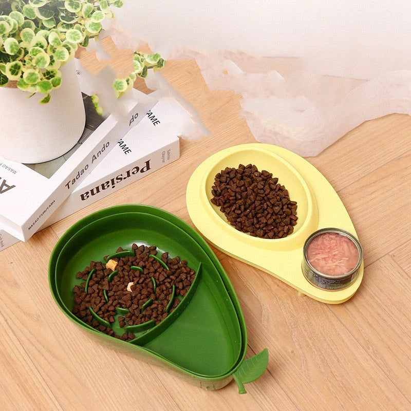 Automatic avocado-shaped pet feeder and water dispenser with dual bowls for cats and dogs