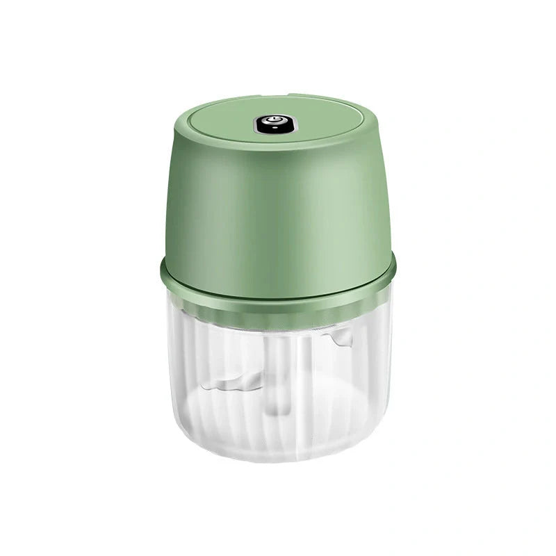Compact, USB-rechargeable electric garlic chopper with stainless steel blades and detachable design for easy cleaning