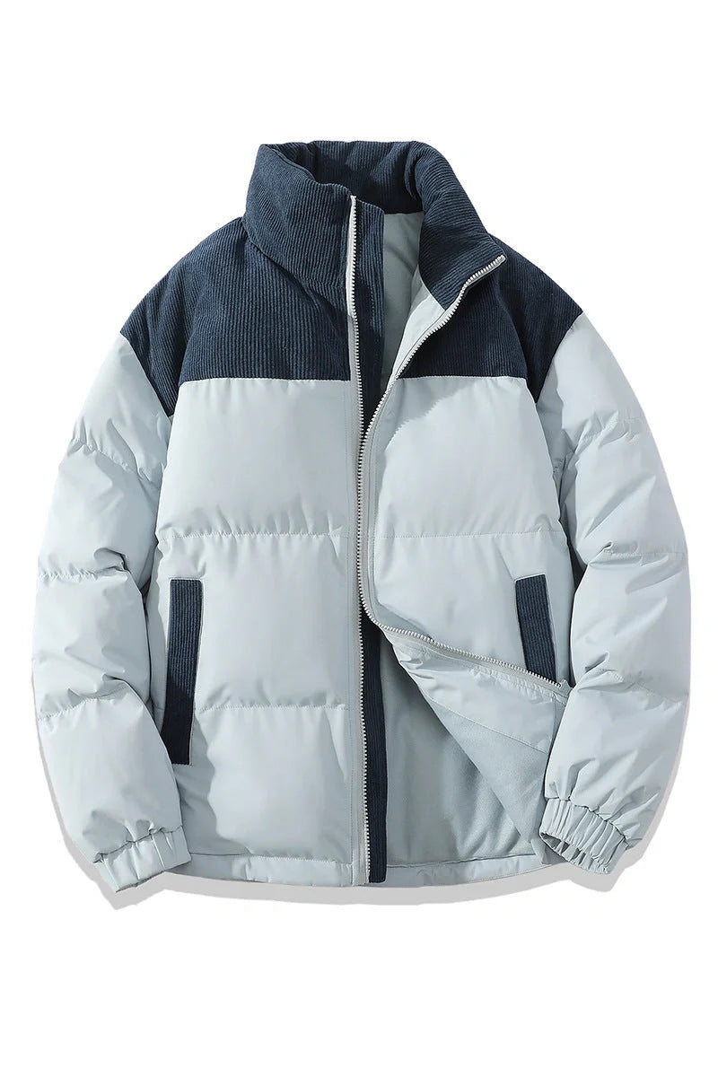 A stylish padded winter coat with contrast-coloured accents, designed for both men and women to stay warm and look fashionable.