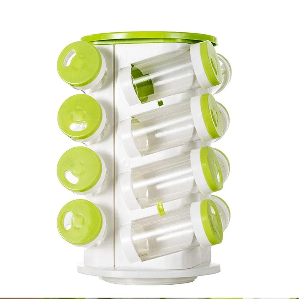 Premium rotating spice rack with 16 individual compartments for storing various spices, herbs, and seasonings
