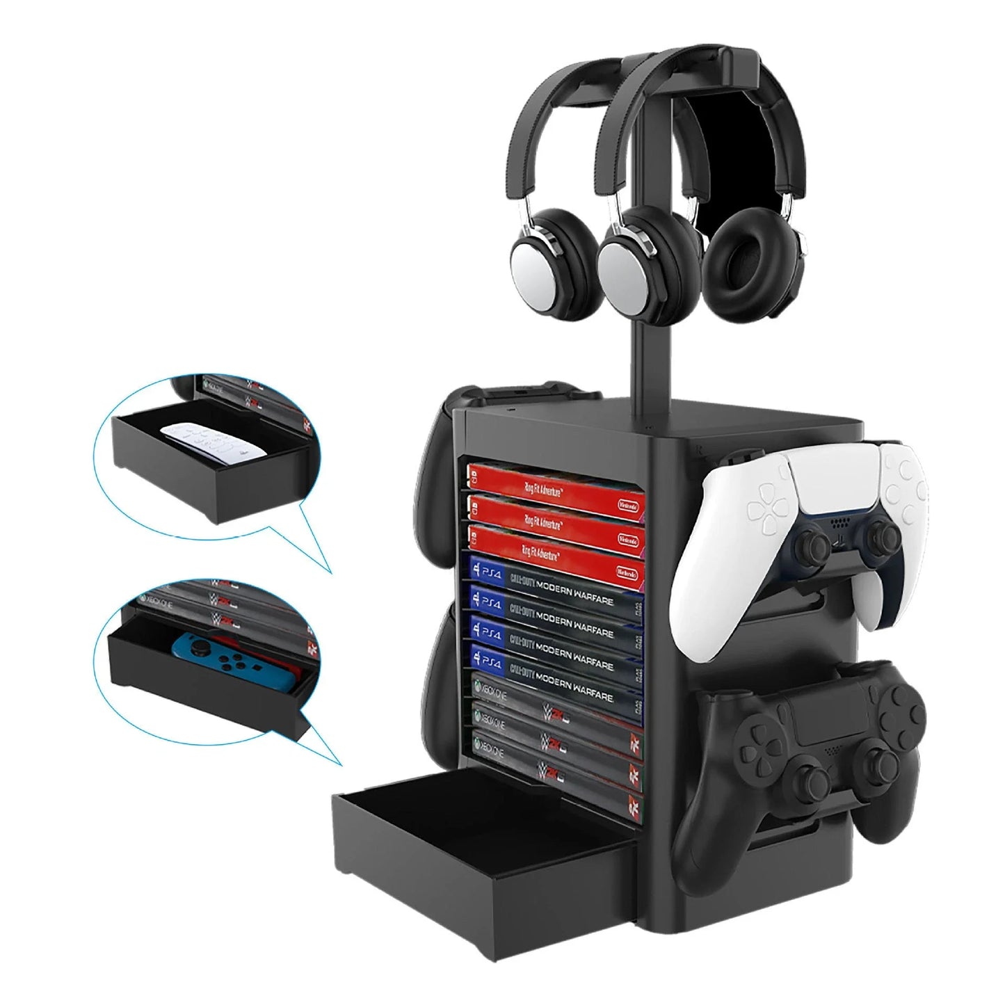 Premium gaming accessory stand with multiple storage compartments for headphones, controllers, and other console essentials