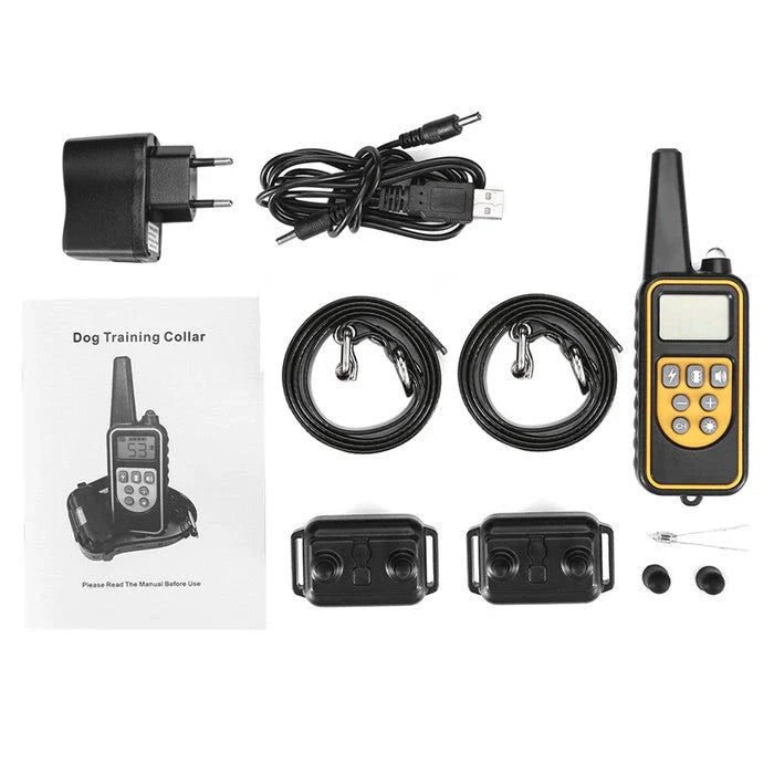 Remote-controlled anti-bark dog training collar with adjustable settings and 800-yard range