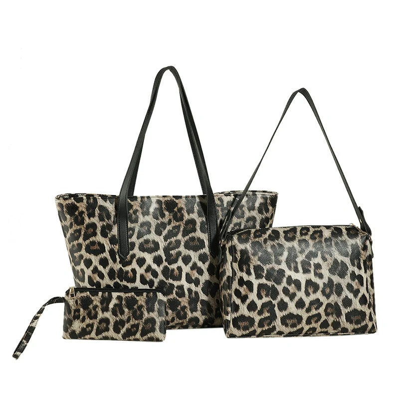 Leopard print tote set with multiple compartments and double shoulder straps