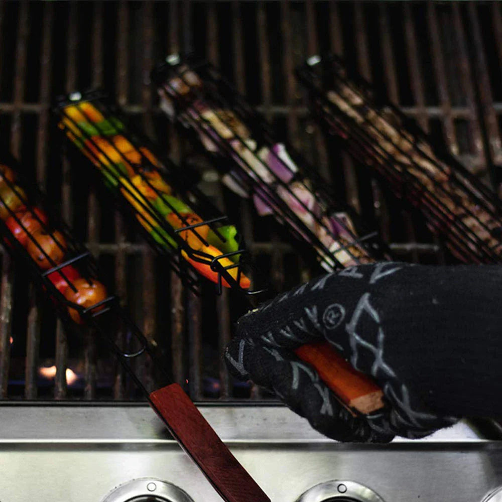 Premium stainless steel BBQ grill basket with rotary lid, wooden handle, and versatile design for outdoor cooking