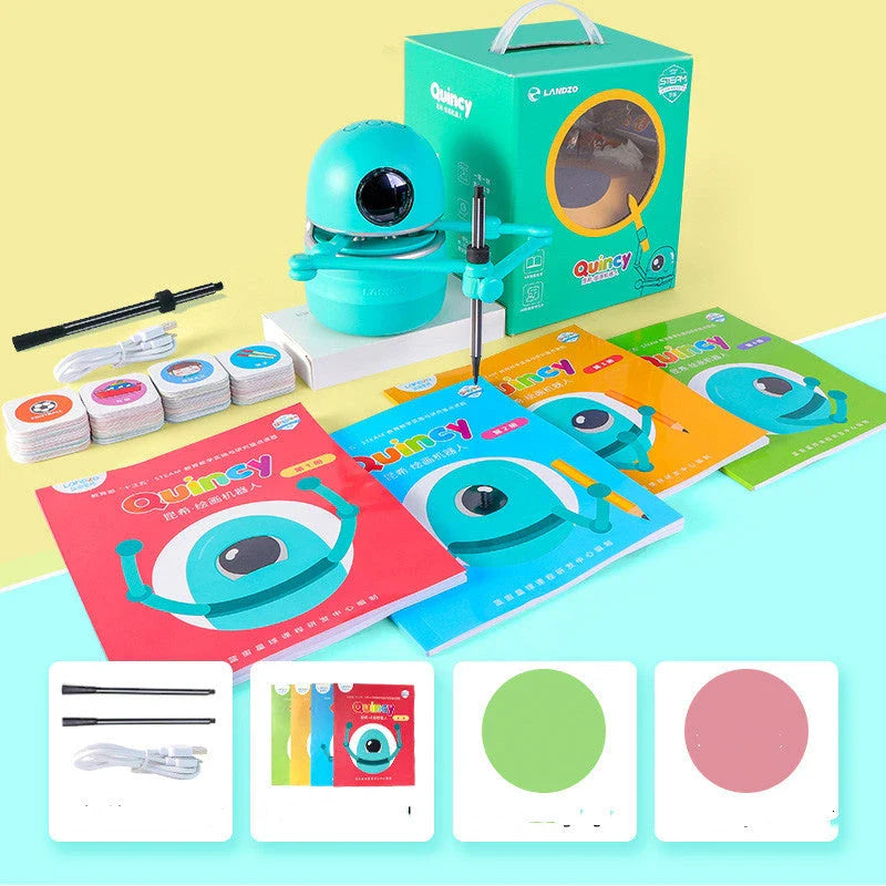 A drawing robot with a suction cup base, designed to guide children through the creative process of drawing and painting