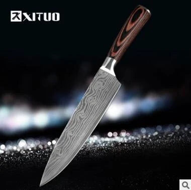 Premium 8-Piece Damascus Steel Kitchen Knife Set with Razor-Sharp Blades and Ergonomic Wooden Handles