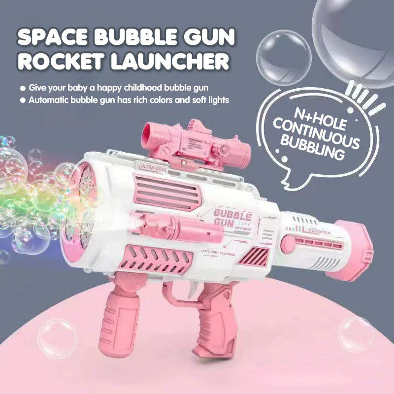 Automatic bubble blaster toy with rocket-shaped design, producing a cloud of colorful bubbles