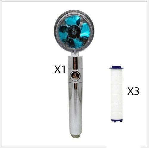 A high-pressure shower head with a stop button, cotton filter, and powerful water pressure for a luxurious bathing experience.