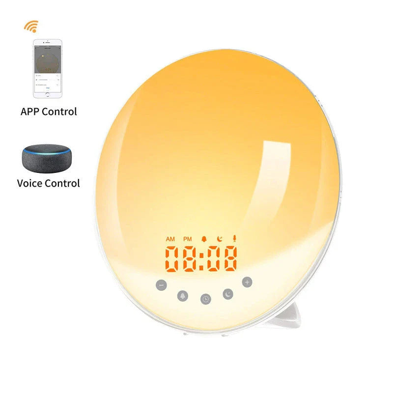 Natural wake-up light alarm clock with soothing nature sounds and customisable ambient lighting