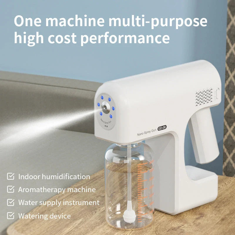 Powerful cordless disinfecting sprayer with rechargeable battery, adjustable spray settings, and compact portable design for thorough home sanitization