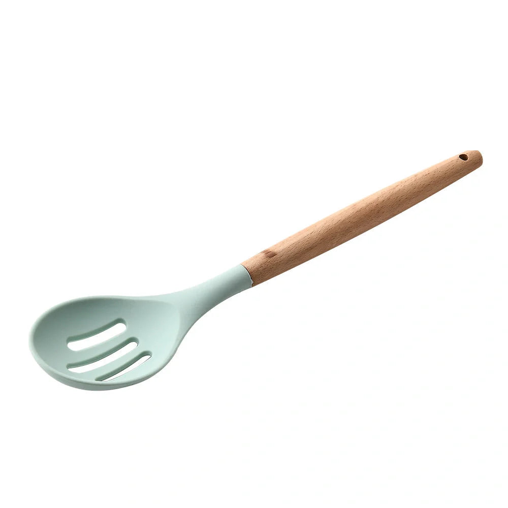 Silicone kitchenware set with wooden handles in various colors and styles, perfect for cooking, baking, and serving
