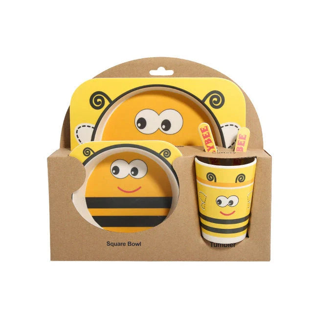 Five-piece bamboo fibre children's tableware set with plates, bowls, cups, spoons, and forks in various animal-themed designs