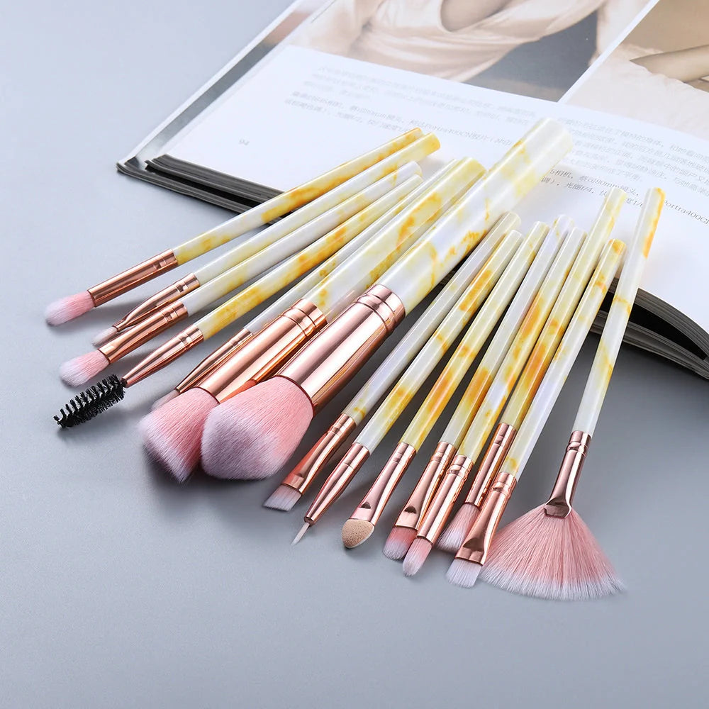 15 Marbled Design Makeup Brushes Set in various colours with roll-up case