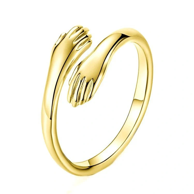 Adjustable love hug couple ring in brass and white steel, men's 18mm, women's 16mm