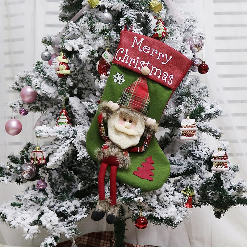 Extra-large Christmas stockings with 3D applique designs of Santa, Snowman, and Reindeer