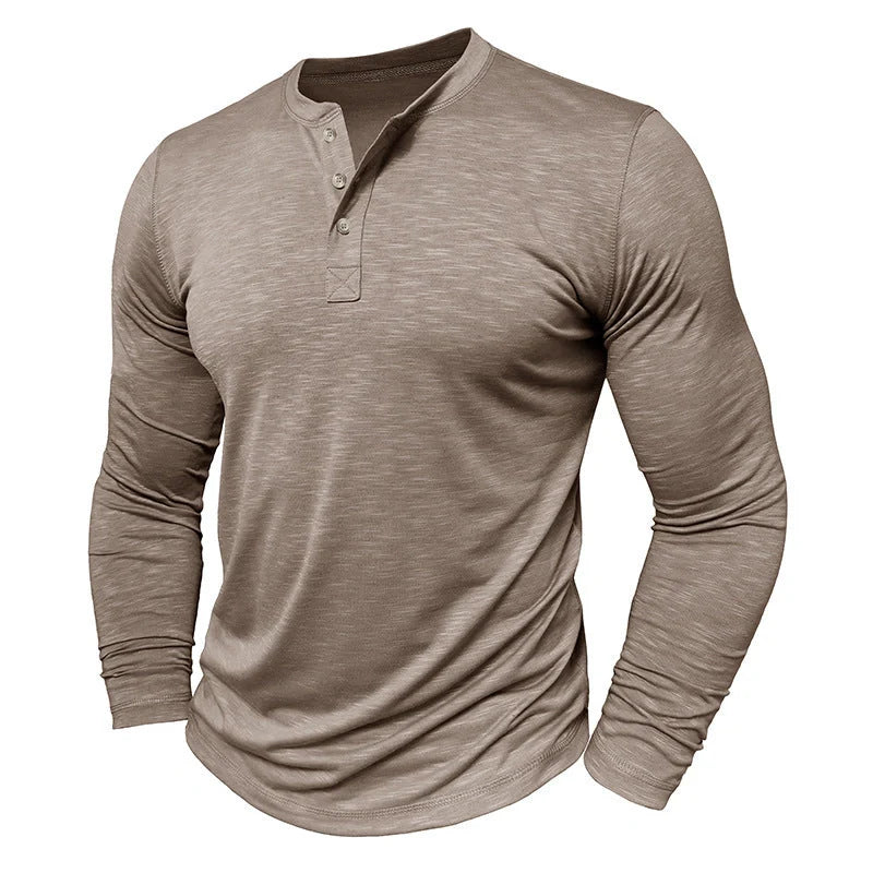 Men's Long-sleeved Henry Collar T-shirt in slub cotton, available in multiple colours