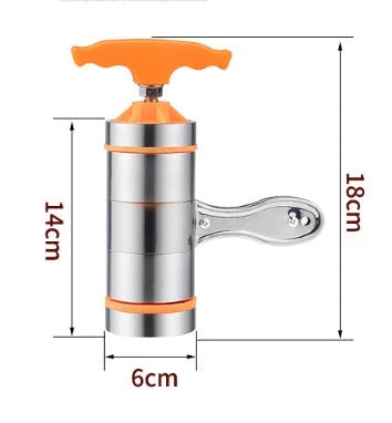 Compact stainless steel pasta maker with multiple pasta moulds for creating homemade pasta shapes
