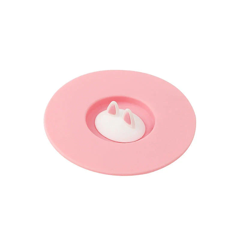 Spill-Proof Cat Ear Silicone Drink Lid in various colors, including pink, orange, and blue