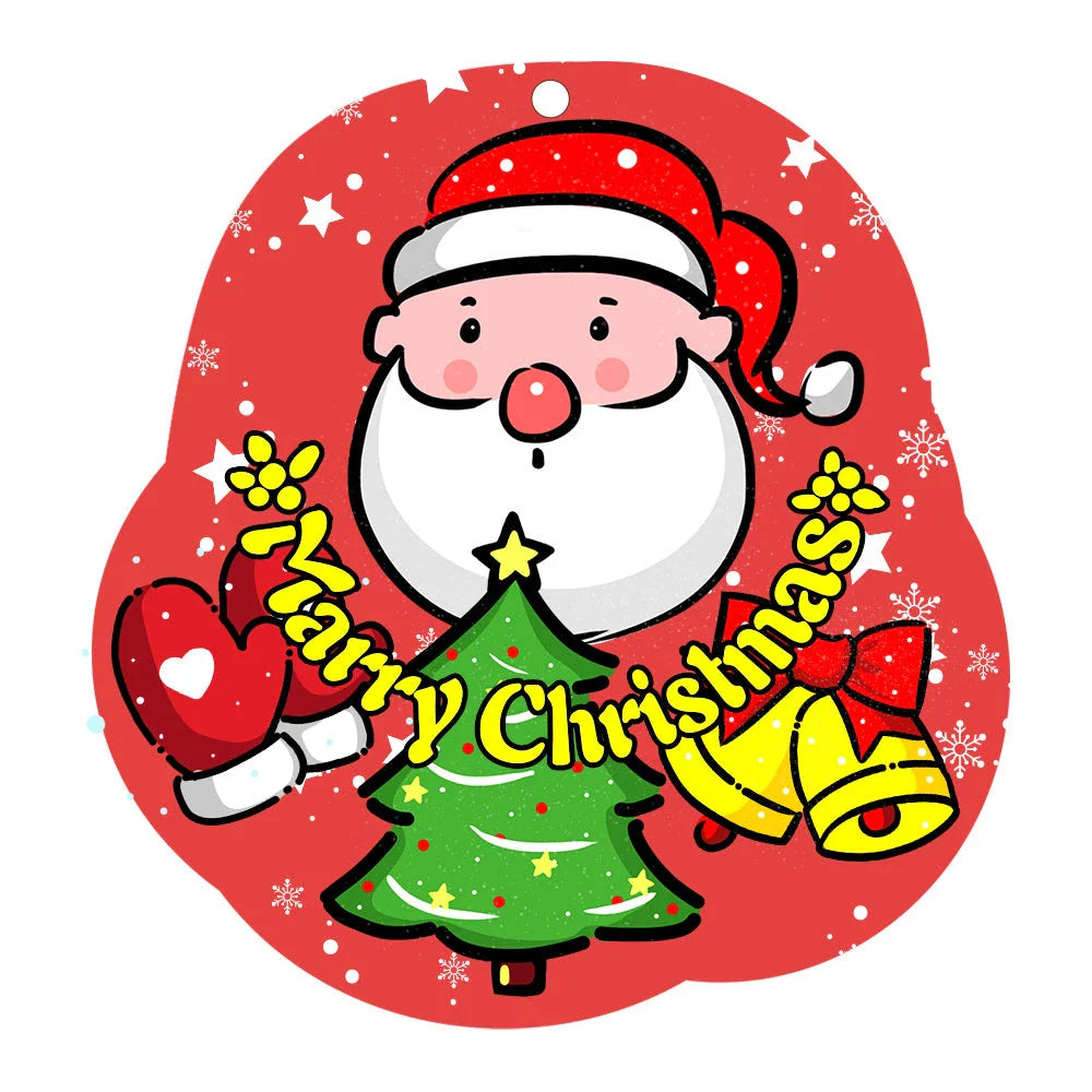 Festive car ornament hanging from rearview mirror with Christmas designs