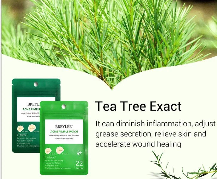 Discreet tea tree spot patches to fade acne marks and blemishes, with a transparent and ultra-thin design for natural-looking coverage.