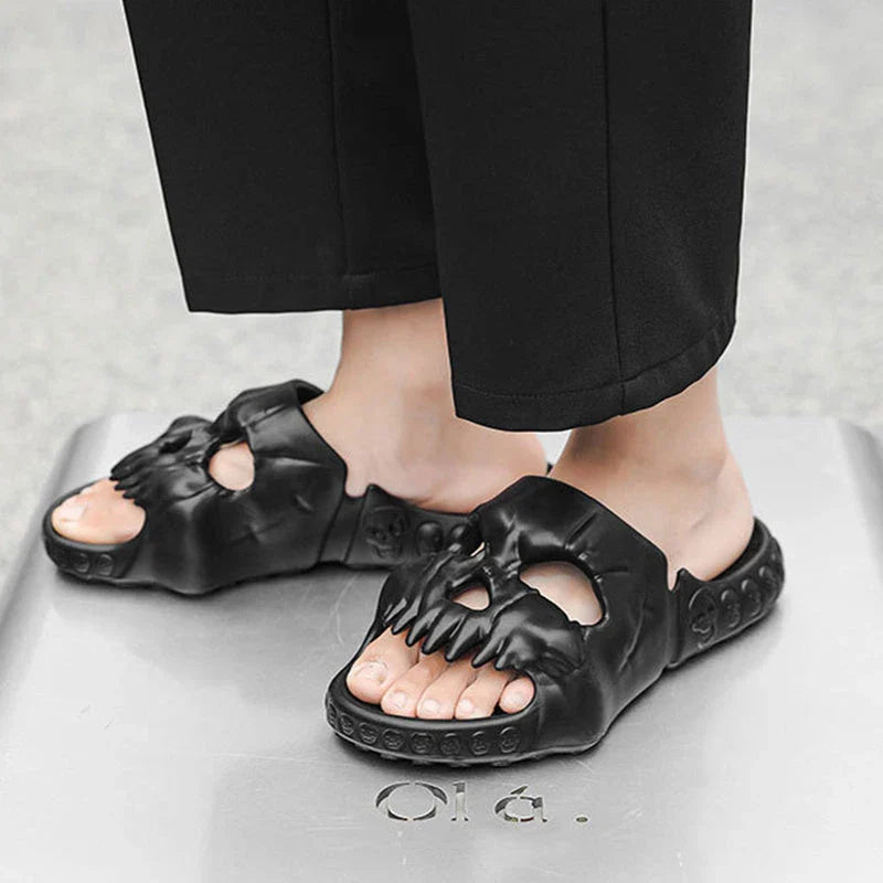 Spooky skull-designed slippers in various colors and sizes for indoor, outdoor, and beach wear