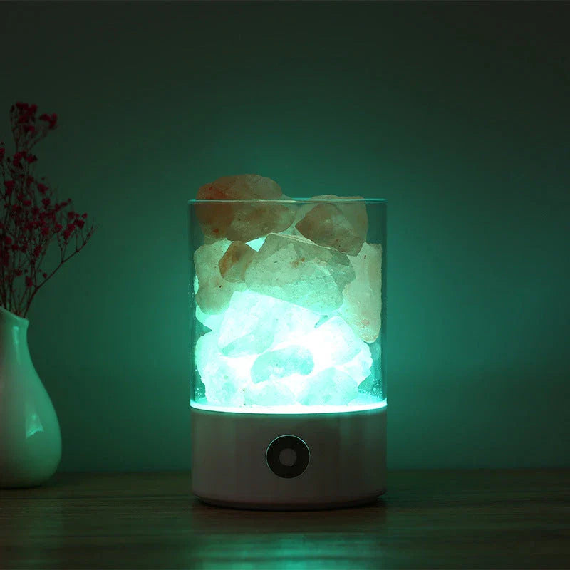 Himalayan salt lamp with warm, amber glow and adjustable lighting settings