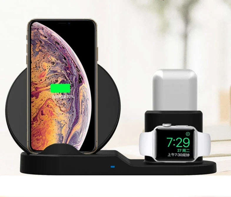 3-in-1 wireless charging station for iPhone, Apple Watch, and AirPods with fast charging and automatic power-off features