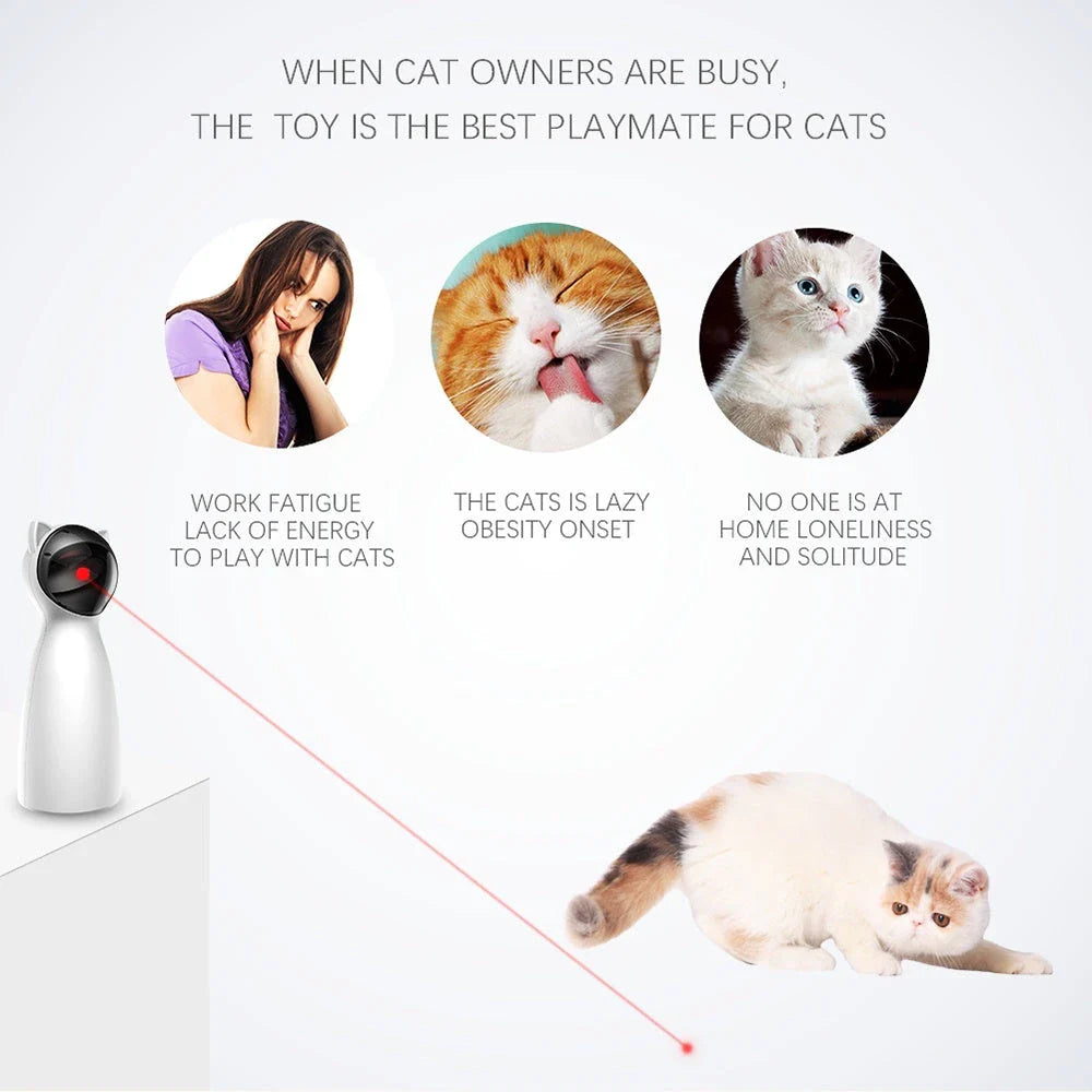 A white, automatic LED laser cat toy that provides endless entertainment for felines by engaging their natural hunting instincts.