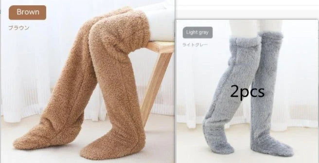 Cozy over-the-knee fuzzy socks in various colors, including brown, blue, dark gray, and pink purple