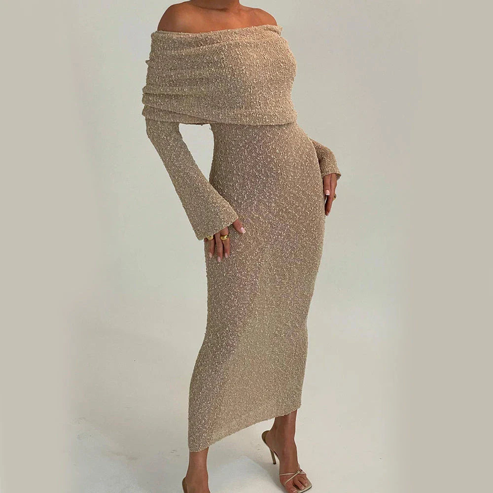 A one-shoulder knit maxi dress in various colors, perfect for beach vacations and summer events.