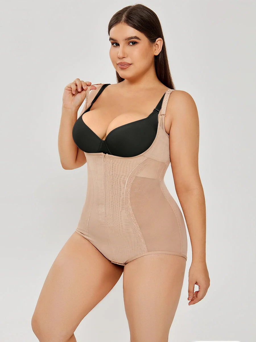 Women's slimming shapewear bodysuit in black and apricot for tummy control and a smooth silhouette.