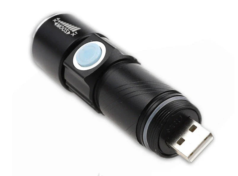 Compact, waterproof and rechargeable LED torch with USB charging, made from durable aluminium alloy for outdoor and emergency use