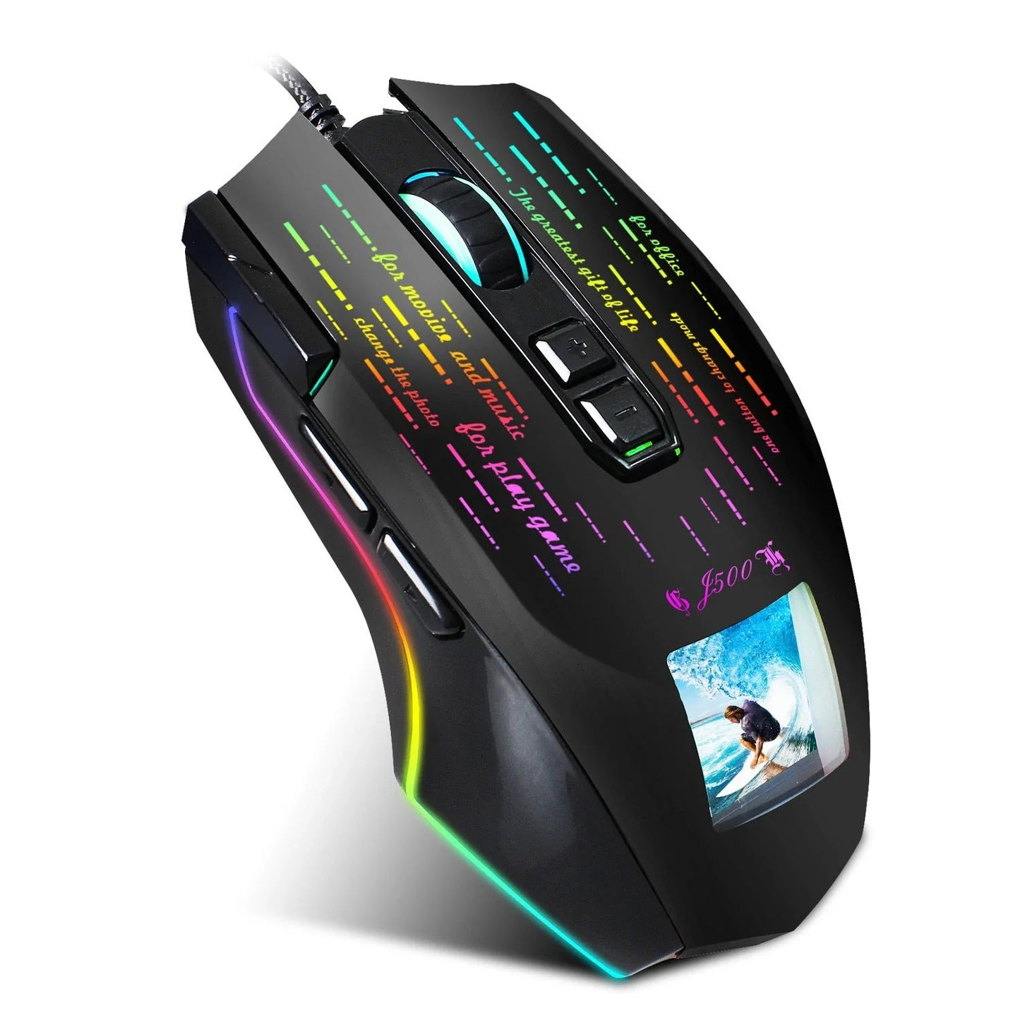 Advanced wired gaming mouse with personalized photo display, customizable RGB lighting, and precision Pixart 3325 sensor