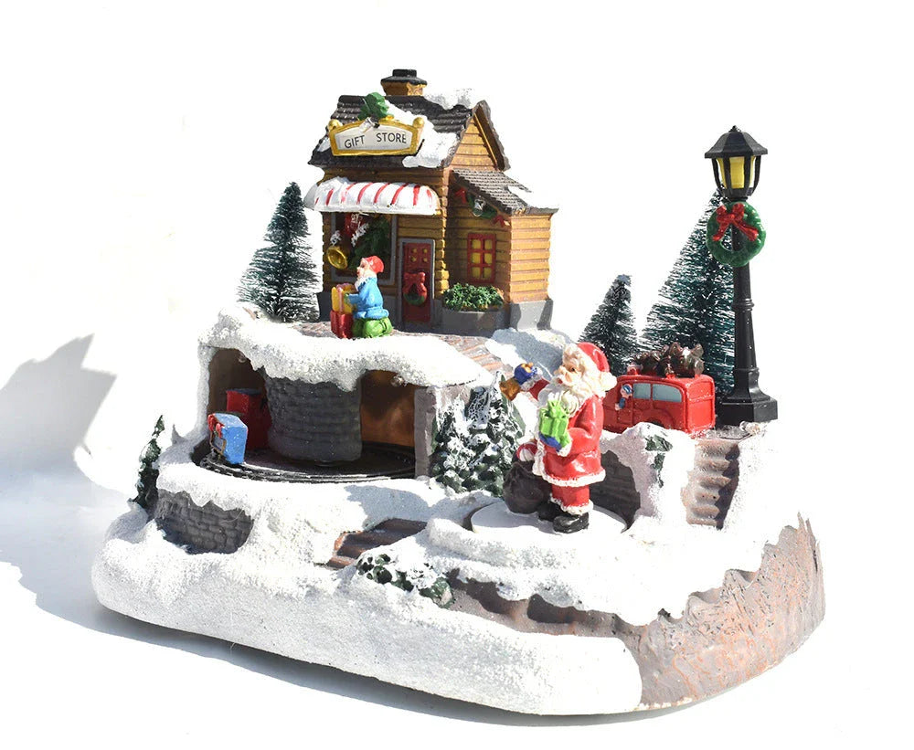 Glowing Christmas village decoration with rotating Snowman, Santa, and children, surrounded by colorful lights and playing festive music